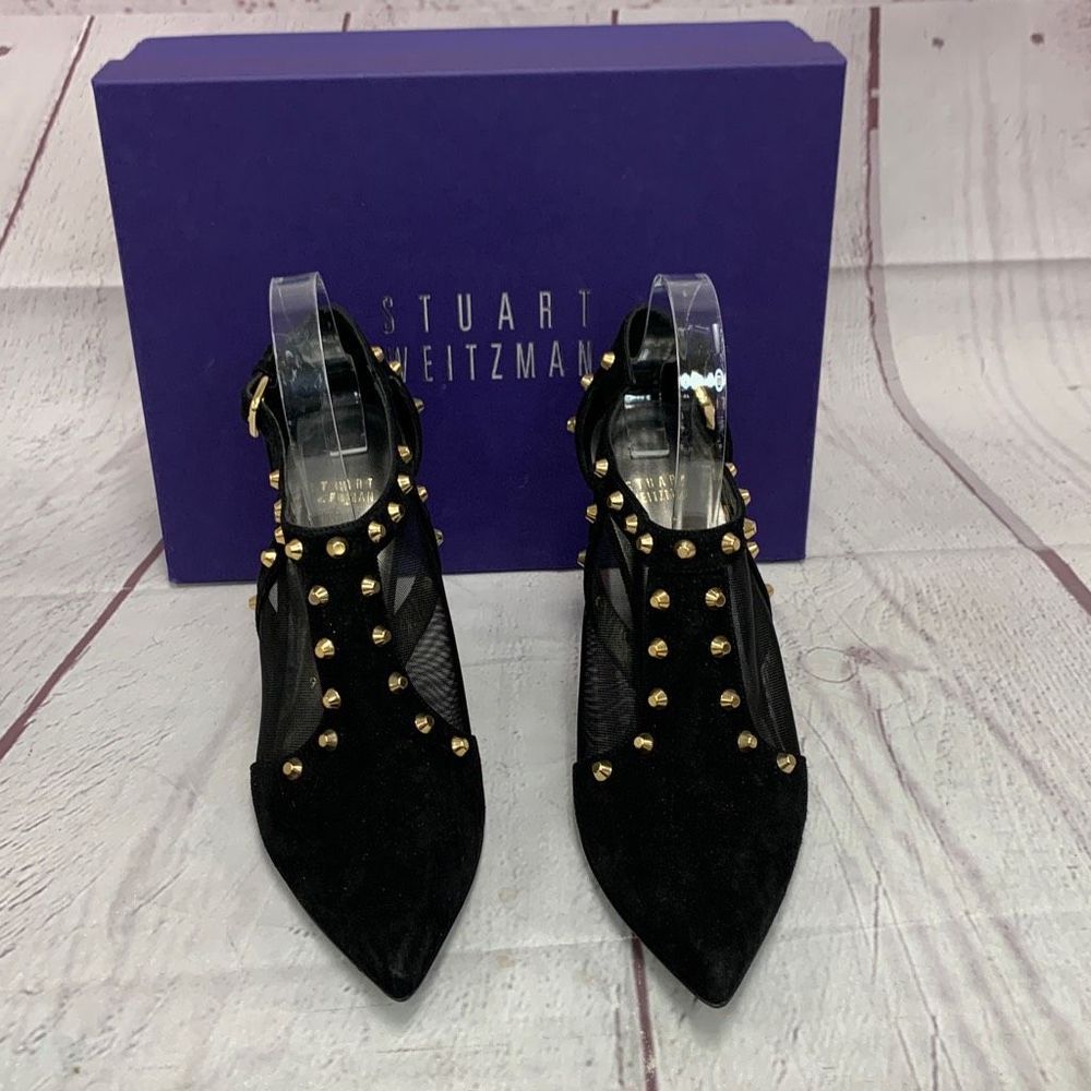 Stuart Weitzman Saunter Studded Suede Ankle Heeled Pumps Black Women Size 9.5M